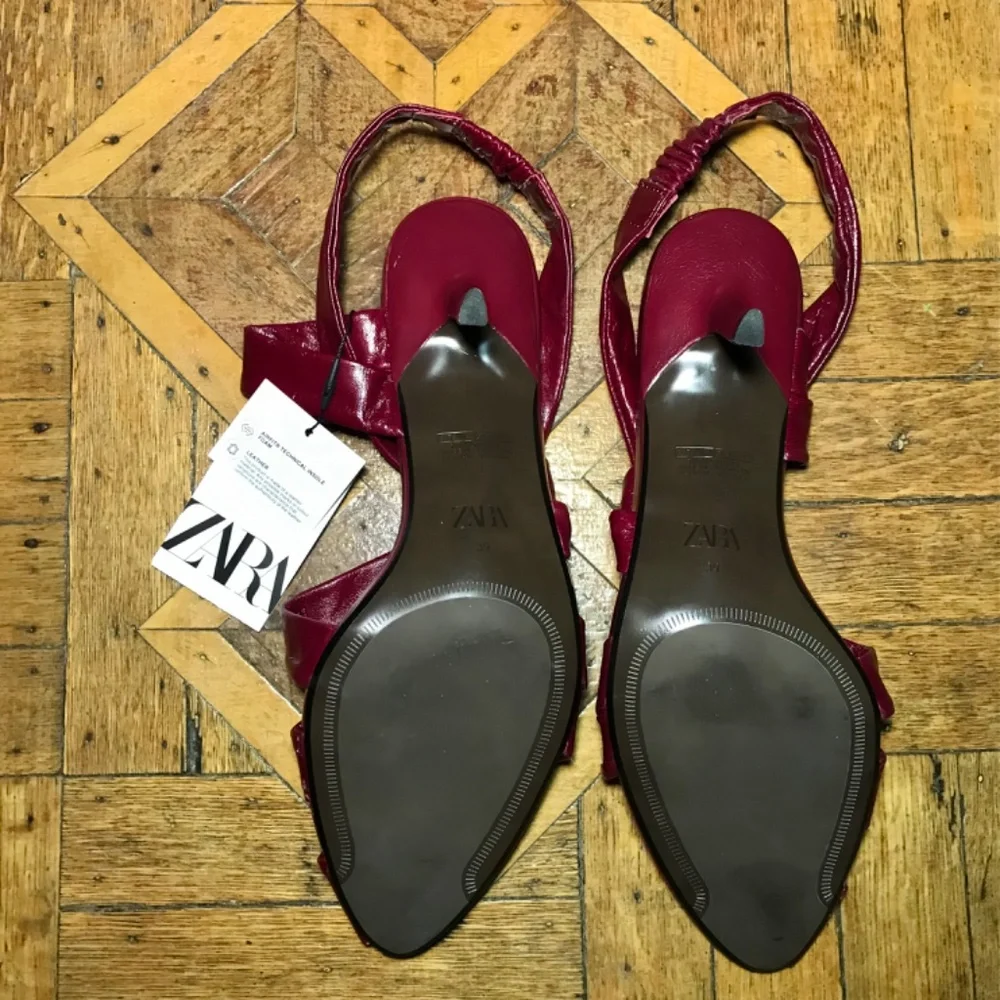 Zara Leather Low Heel Sandals Vibrant Red Chic Classy Open-Toe Slingback Size 8